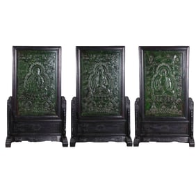 A set of Chinese Qing Dynasty red sandalwood inlaid Hetian jade Buddha screens