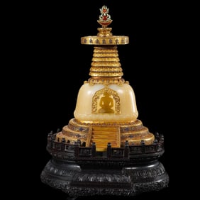 Chinese Qing Dynasty Pure Gold Filigree Inlaid Hetian Jade Pagoda