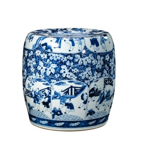 Chinese Ming Dynasty blue and white round stool with baby playing pattern
