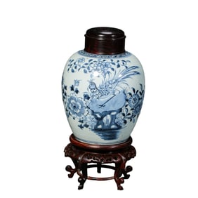 Chinese Qing Dynasty Blue and White Flower and Bird Pattern Jar