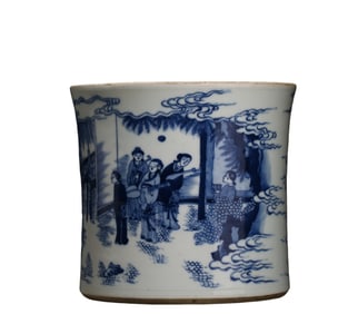Blue and white brush holder with story patterns, Chongzhen period, Ming Dynasty, China