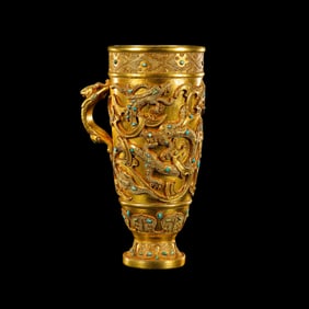 Chinese Han Dynasty Pure Gold Inlaid Turquoise Handle Cup