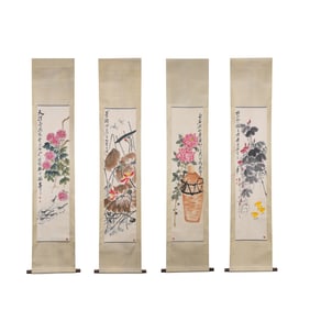 Chinese calligraphy and painting four-panel screen - Qi Baishi