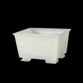 Hetian white jade square furnace with animal face pattern, Qing Dynasty, China