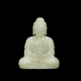 Chinese Qing Dynasty Hetian white jade seated Buddha statue