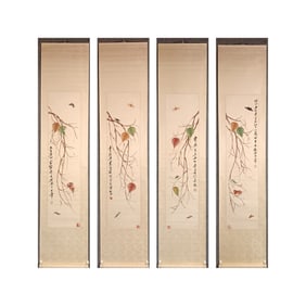 Chinese calligraphy and painting four-panel screen - Qi Baishi