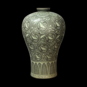 Korean Goryeo Celadon Plum Vase with Flying Crane Design