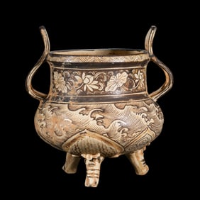 Chinese Southern Song Dynasty Jizhou kiln sea water pattern double-handled tripod censer
