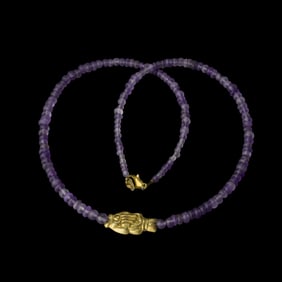 Ancient Egyptian Gold Fish Amulet with Aged Amethyst Beads