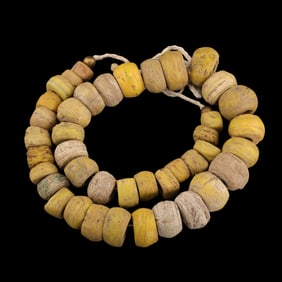 Strand of Antique Yellow Hebron African Glass Trade Beads Necklace