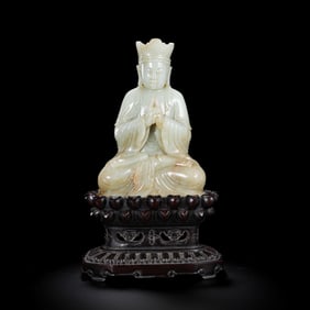 Chinese Qing Dynasty Hetian white jade seated Buddha statue