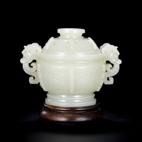 Chinese Qing Dynasty Hetian white jade double-eared covered incense burner
