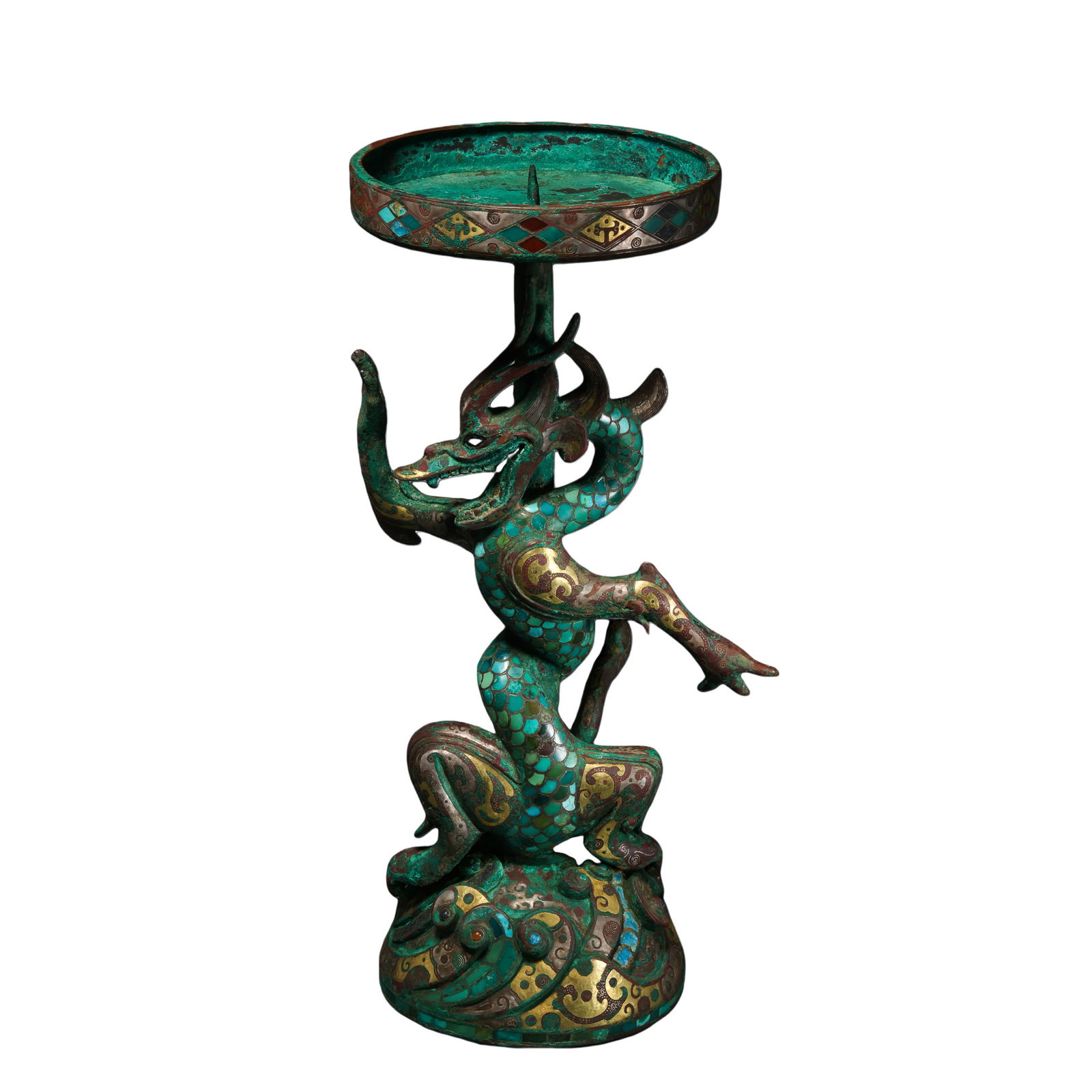 Gold and silver inlaid dragon-shaped candlestick from the Warring States period of China: H. 31 cm. W. 12.5 cm. Weight 2657 gram.