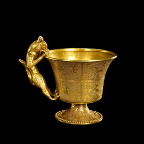 Chinese Tang Dynasty Pure Gold Cup with Auspicious Beast Handle