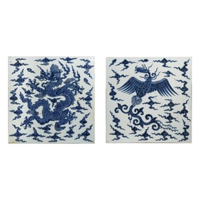 A pair of square porcelain shards with blue and white dragon and phoenix patterns from the Ming