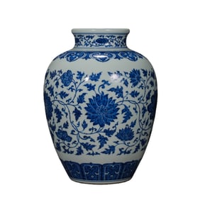 Blue and white porcelain jar with scrolling floral design from the Qianlong period of the Qing