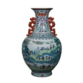 Chinese famille rose long-necked vase with figure and story design from the Qianlong period of the