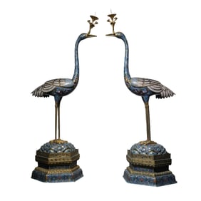 A pair of Chinese Qing Dynasty cloisonné crane-shaped candlesticks