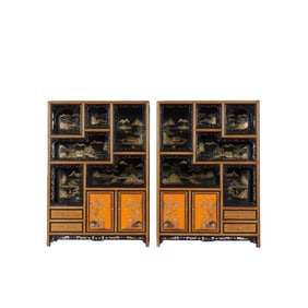 A pair of Chinese Qing Dynasty rosewood cabinets inlaid with bamboo and decorated with gold leaf
