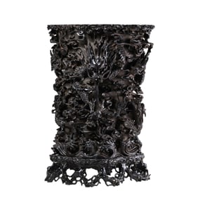 Chinese Qing Dynasty Rosewood Carved Dragon Pattern Round Cylinder