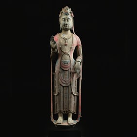 Chinese Tang Dynasty Bluestone Painted Standing Buddha Statue