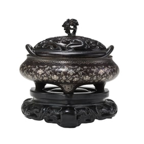 Chinese Qing Dynasty Silver-Inlaid Tripod Incense Burner with Double Handles