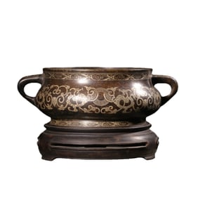 Chinese Qing Dynasty Inlaid Silver Dragon Pattern Bronze Incense Burner