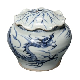 Chinese Yuan Dynasty Blue and White Porcelain Jar with Dragon and Lotus Leaf Design