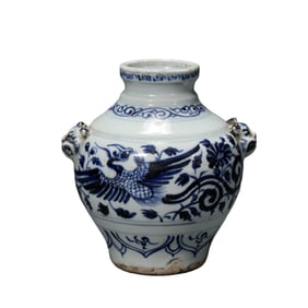 Chinese Yuan Dynasty Blue and White Porcelain Jar with Phoenix and Animal Head Design