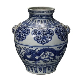 Chinese Yuan Dynasty Blue and White Dragon Pattern Double-Ear Jar