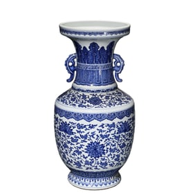 Blue and white porcelain vase with floral design, double handles, flared mouth, from the Qianlong