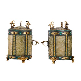 A pair of Chinese Warring States period gold-inlaid and jade-embedded granaries