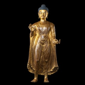 Chinese Ming Dynasty Gilt Bronze Standing Buddha Statue