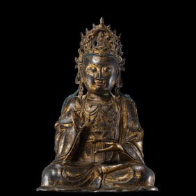 Chinese Ming Dynasty Gilt Bronze Seated Guanyin Statue