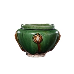 Chinese Tang Dynasty tricolor glazed pottery jar with constricted mouth