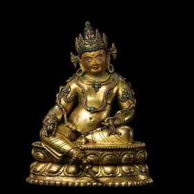 Gilt Bronze Seated Yellow Jambhala Buddha Statue Inlaid with Gemstones
