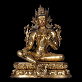 Qing Dynasty Gilt Bronze Seated Green Tara Buddha Statue Inlaid with Gemstones