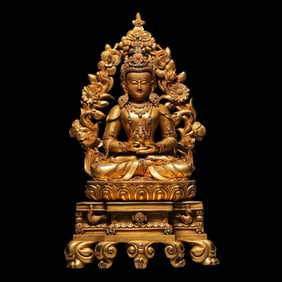 Gilt Bronze Seated Buddha Statue Inlaid with Gemstones
