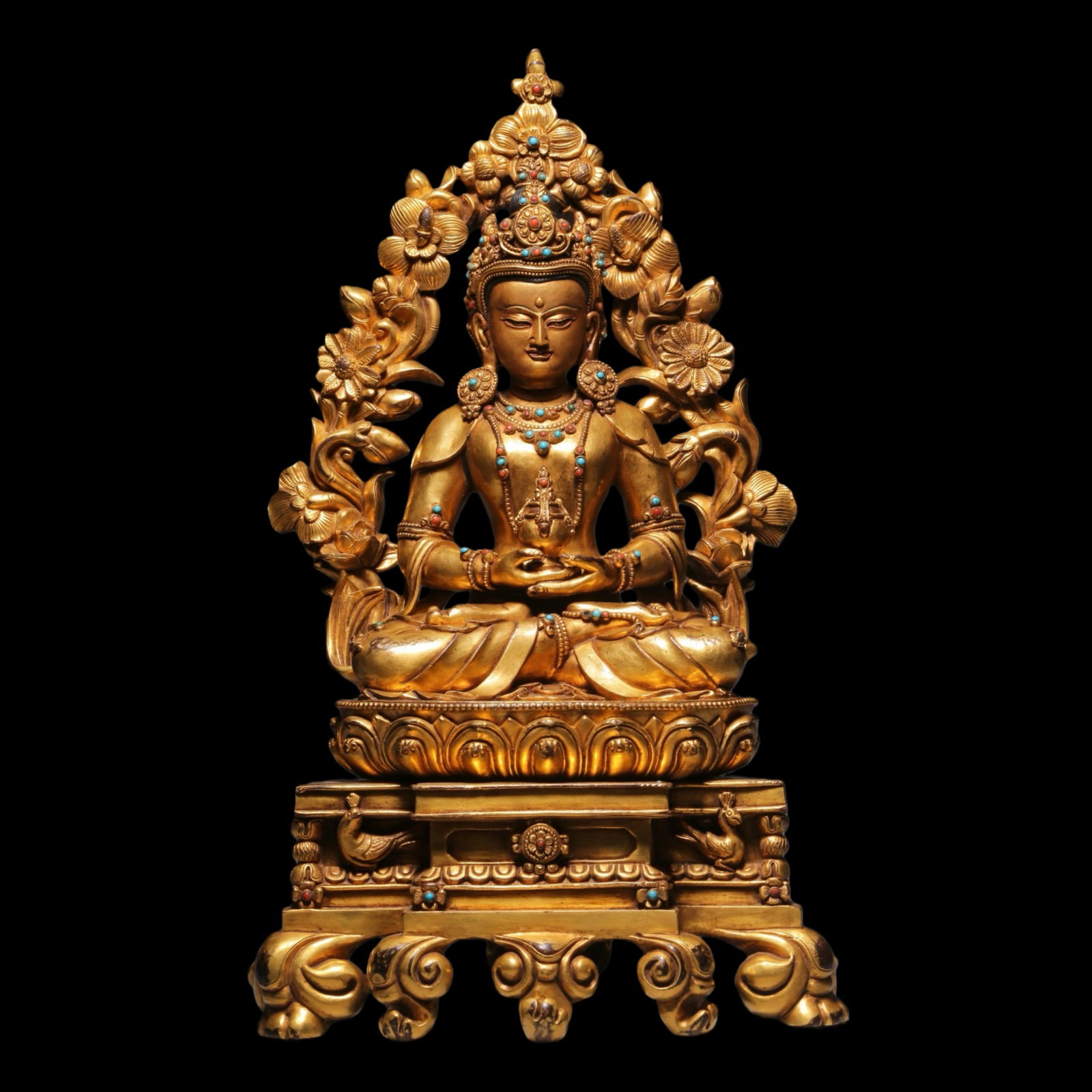 Gilt Bronze Seated Buddha Statue Inlaid with Gemstones: H. 30 cm. W. 18 cm. Weight 11300 gram.
