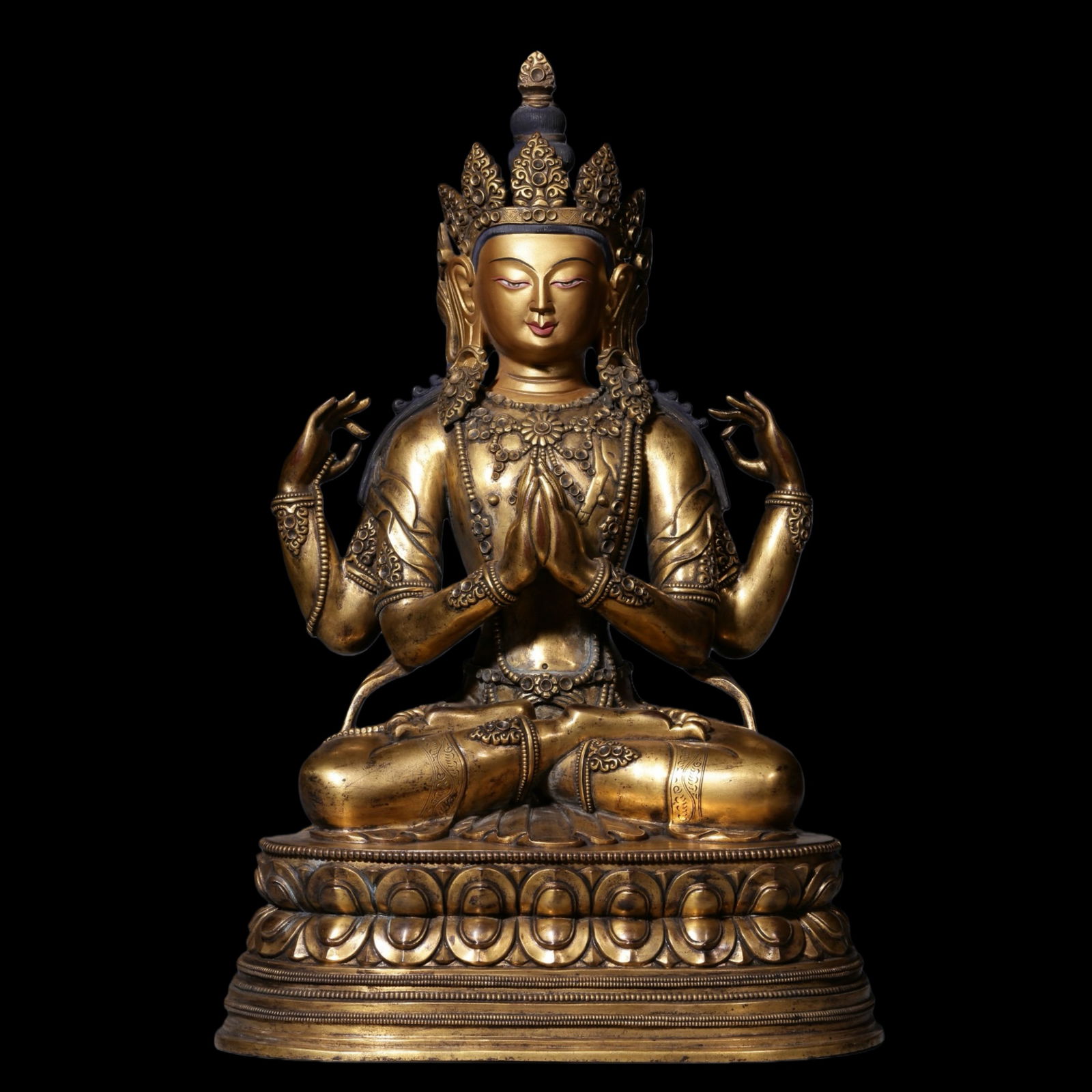 Gilt Bronze Seated Four-Armed Guanyin Statue: H. 47 cm. W. 30 cm. Weight 28900 gram.