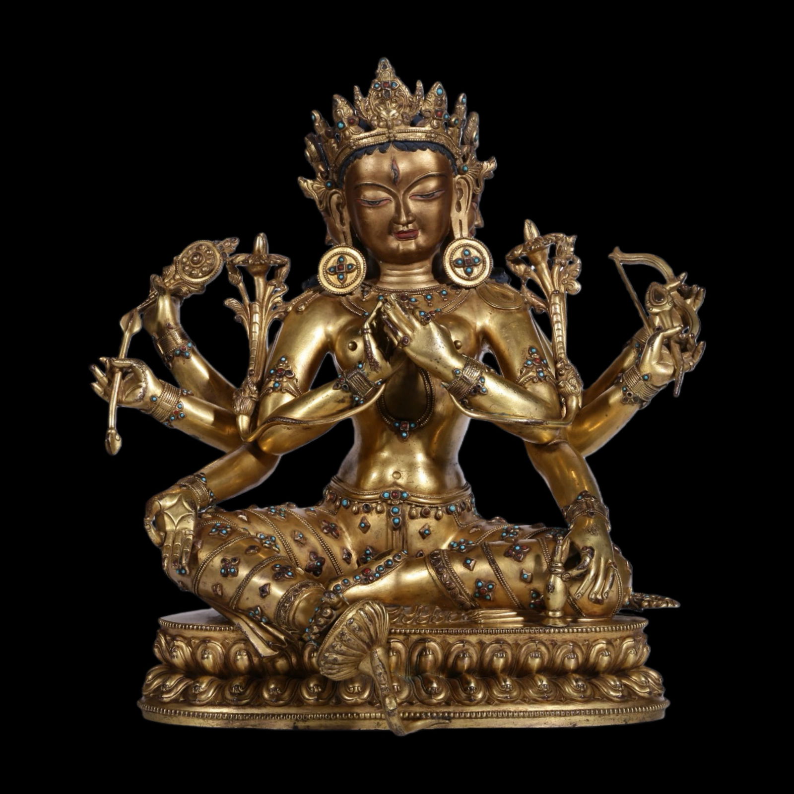 Qing Dynasty Dansati Gilt Bronze Seated Buddha Statue Inlaid with Gemstones: H. 38 cm. W. 30 cm. Weight 12650 gram.