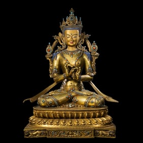 Gilt Bronze Seated Buddha Statue Inlaid with Gemstones