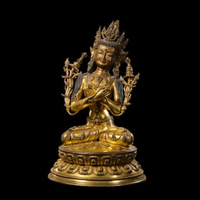 Gilt Bronze Seated Buddha Statue Inlaid with Gemstones