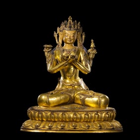 Gilt Bronze Seated Buddha Statue Inlaid with Gemstones