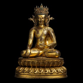 Gilt Bronze Seated Buddha Statue Inlaid with Gemstones