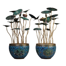 A pair of Qing Dynasty cloisonné lotus bonsai