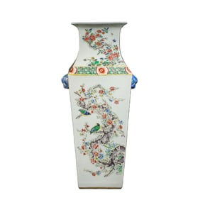 A square vase with polychrome floral and bird design and animal-shaped handles from the Kangxi