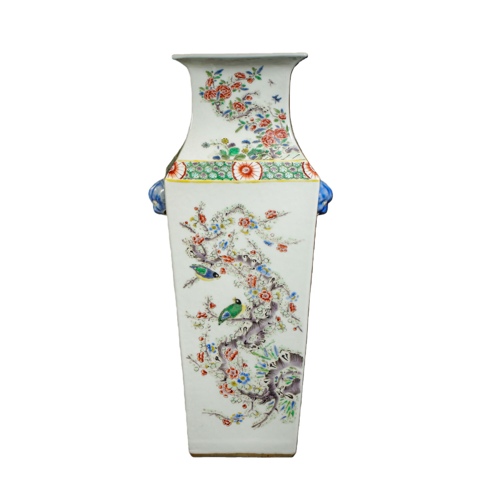 A square vase with polychrome floral and bird design and animal-shaped handles from the Kangxi (1 of 10)