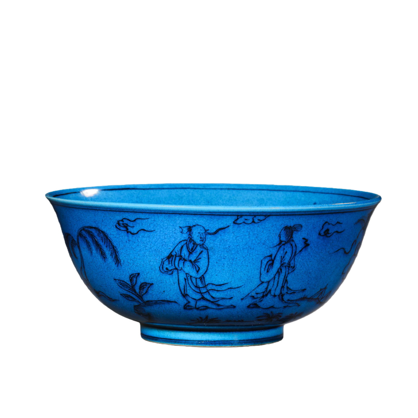Peacock blue glazed bowl with figure design from the Hongzhi period of the Ming Dynasty: H. 7.7 cm. Diam. 12.7 cm.