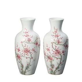 A pair of Chinese famille rose plum blossom vases from the Yongzheng period of the Qing Dynasty